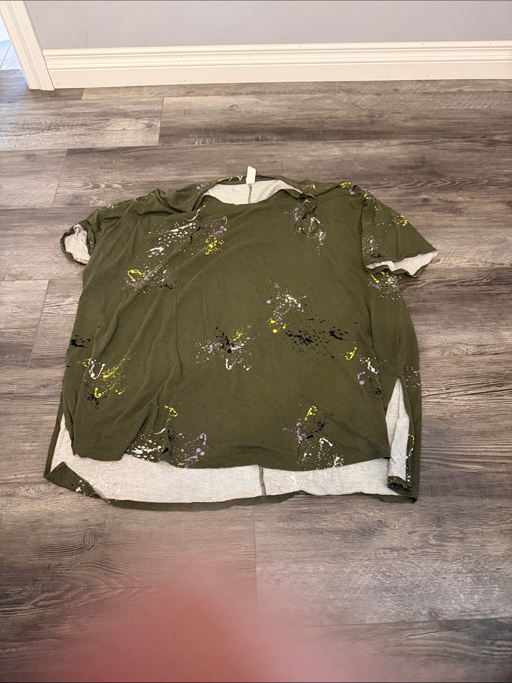 Harper + Zoe Paint-Splatter Olive Green Short Sleeve Top
